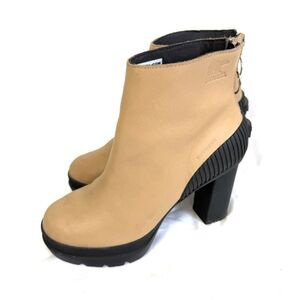 Sorel Dacie Bootie Tan Leather High Heel Waterproof Winter Rain Boot Size 6